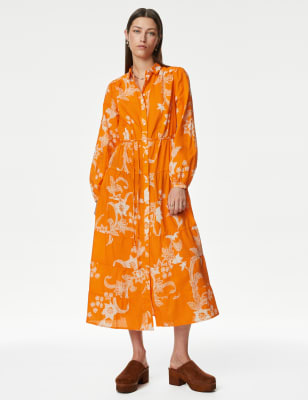 

Womens Per Una Pure Cotton Printed Midaxi Tiered Dress - Bright Orange, Bright Orange