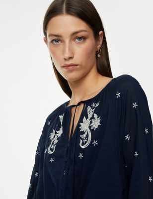 Pure Cotton Embroidered Tie Neck Dress - BH