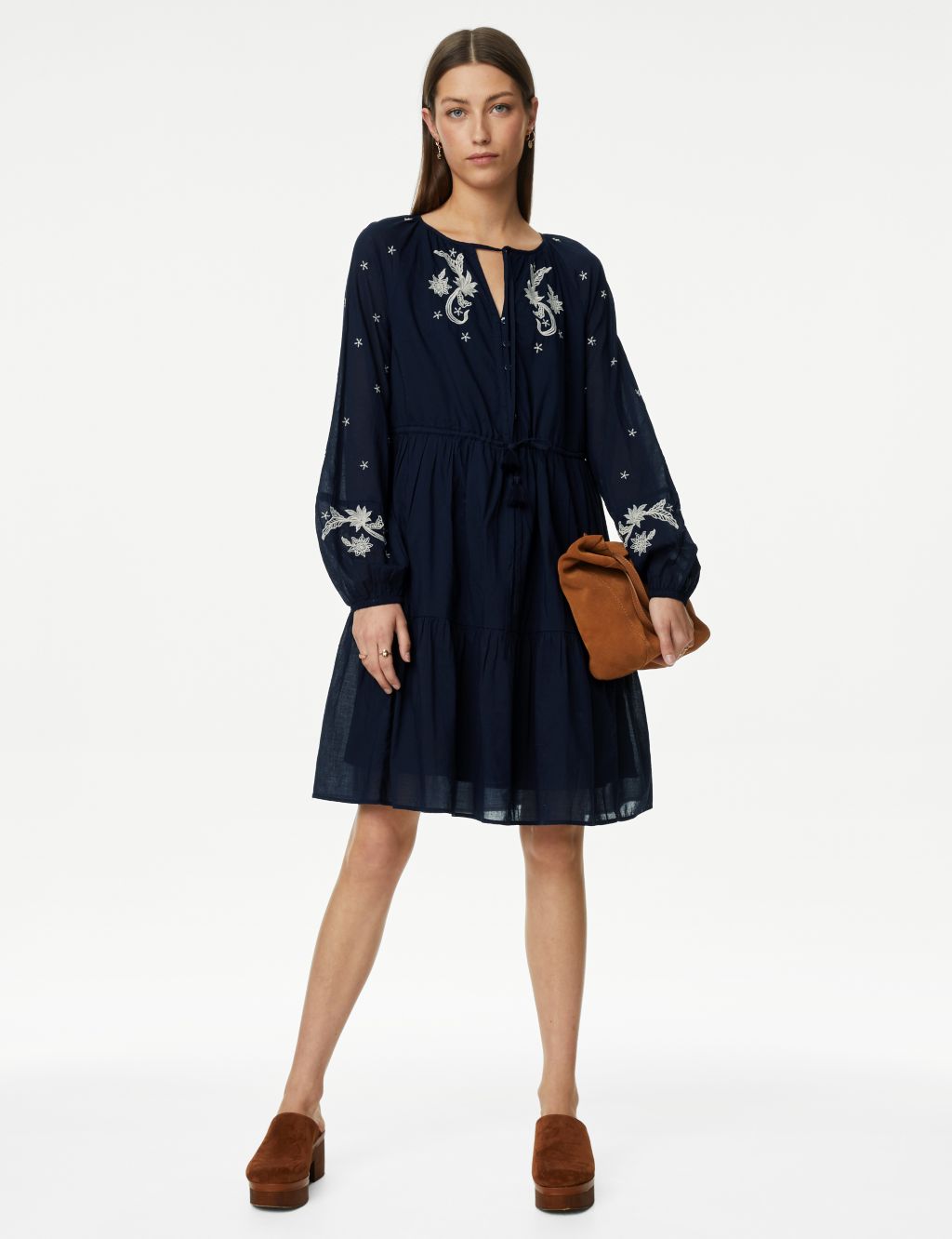 Pure Cotton Embroidered Tie Neck Dress image 2
