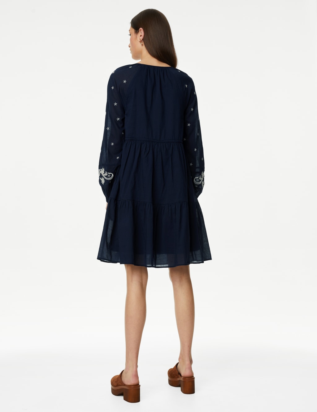 Pure Cotton Embroidered Tie Neck Dress image 3