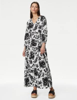 

Womens Per Una Linen Rich Floral V-Neck Maxi Tiered Dress - Black Mix, Black Mix