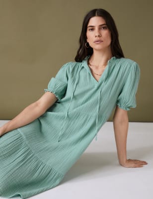 

Per Una Vestido en capas 100% algodón texturizado con lazo en el cuelloWomens - Sea Green, Sea Green