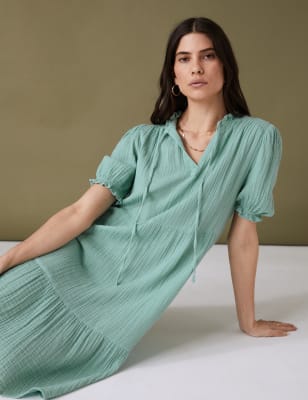 

Womens Per Una Pure Cotton Textured Tie Neck Tiered Dress - Sea Green, Sea Green