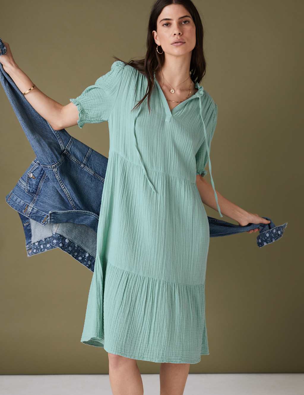 Pure Cotton Textured Tie Neck Tiered Dress image 3