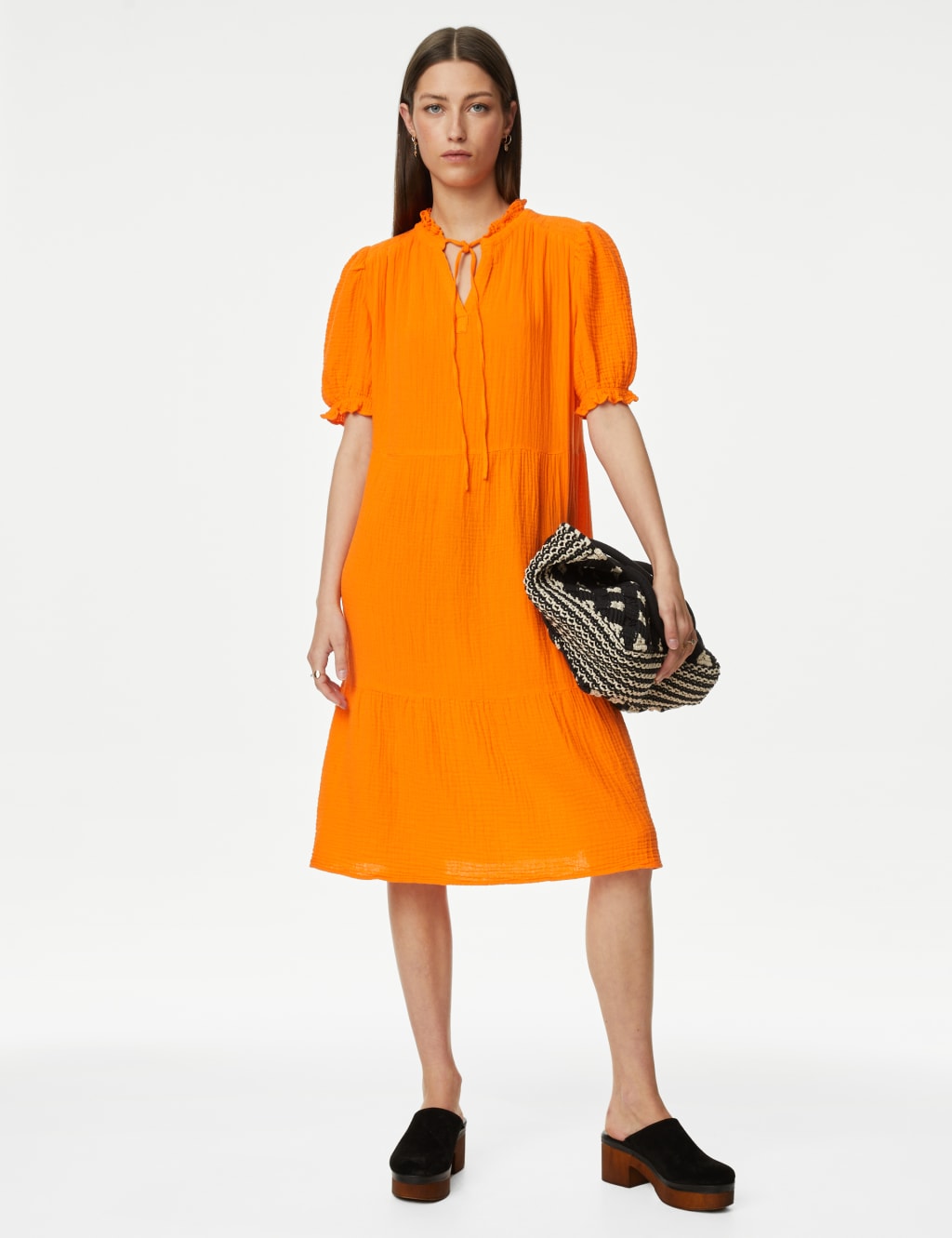 Pure Cotton Textured Tie Neck Tiered Dress image 1