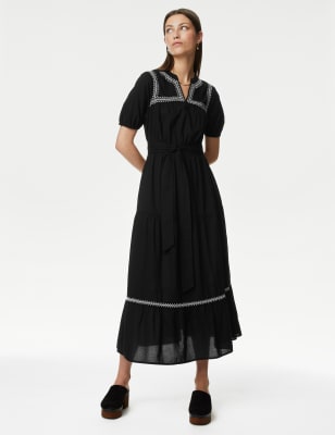 

Womens Per Una Pure Cotton Embroidered Maxi Tiered Dress - Black, Black