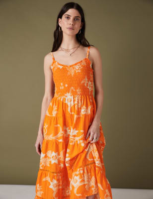 

Womens Per Una Pure Cotton Floral V-Neck Midaxi Dress - Orange Mix, Orange Mix