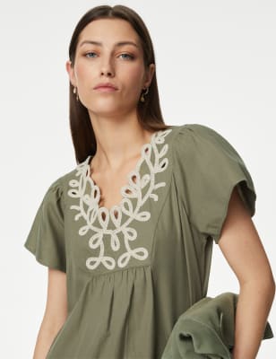 

Womens Per Una Pure Cotton Embroidered V-Neck Shift Dress - Faded Khaki, Faded Khaki