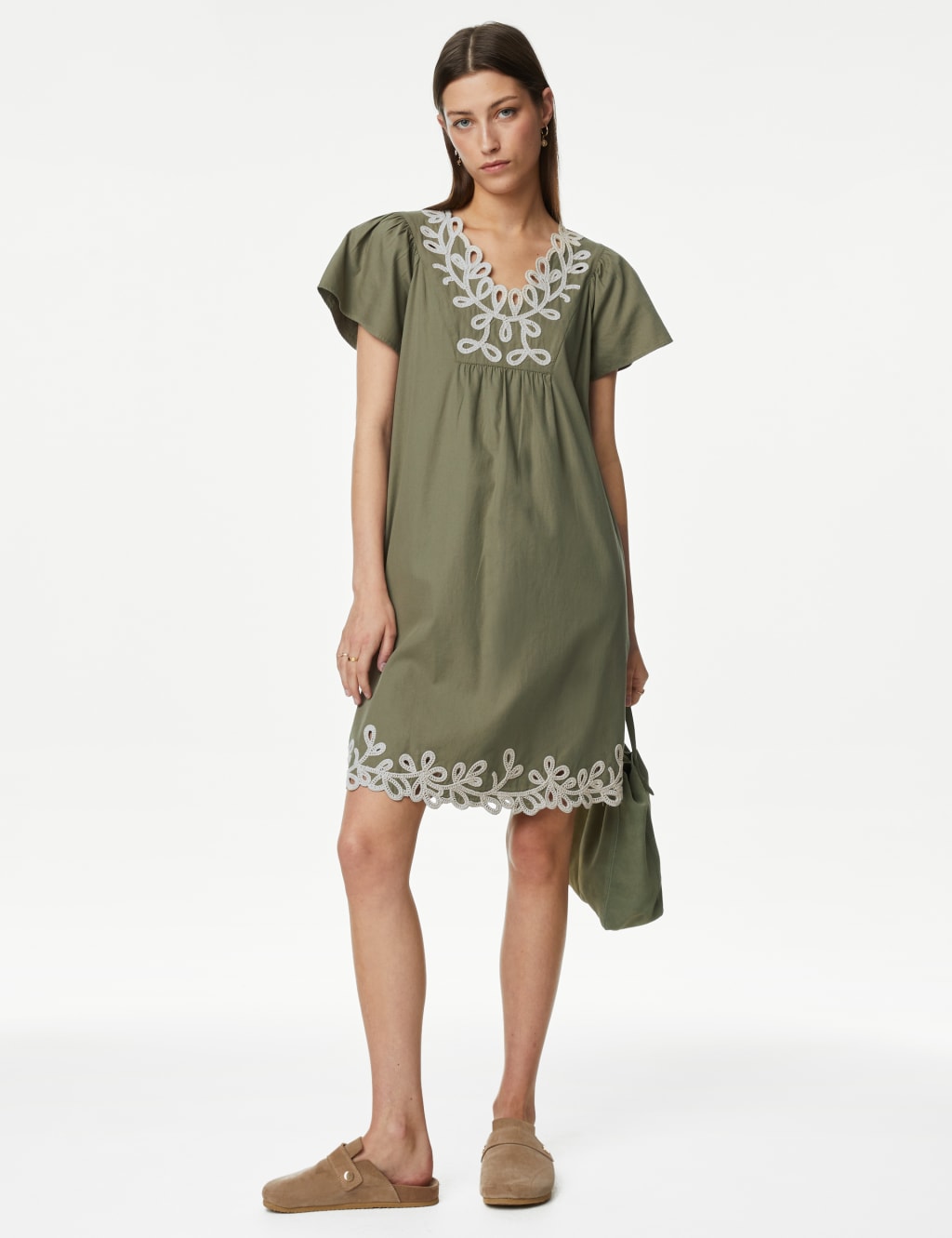 Pure Cotton Embroidered V-Neck Shift Dress image 2