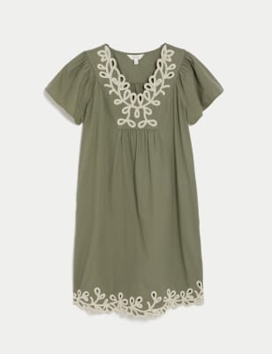 Pure Cotton Embroidered V-Neck Shift Dress