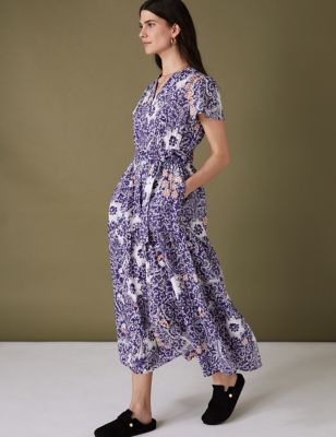 Pure Cotton Floral Notch Neck Midaxi Dress