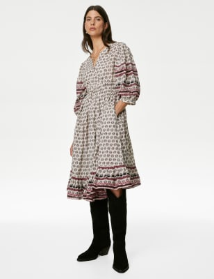 

Womens Per Una Pure Cotton Printed V-Neck Midi Smock Dress - Ecru Mix, Ecru Mix