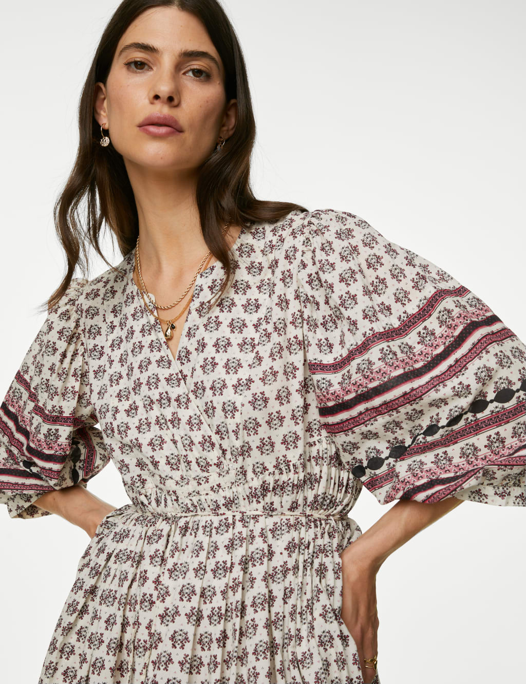 Pure Cotton Printed V-Neck Midi Smock Dress image 3