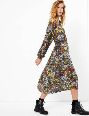 Floral Print Shirt Midi Dress  