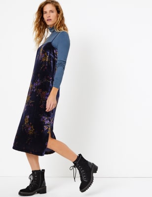 Velvet Floral Print Slip Midi Dress 