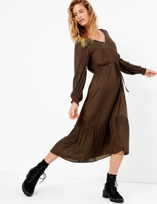 Satin Jacquard Shirred Detail Dress