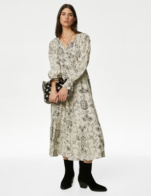Printed Shirred Midi Tiered Dress
