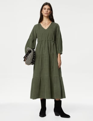 

Womens Per Una Pure Cotton Cord Relaxed Tiered Dress - Hunter Green, Hunter Green