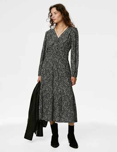 Printed V-Neck Midi Waisted Dress
