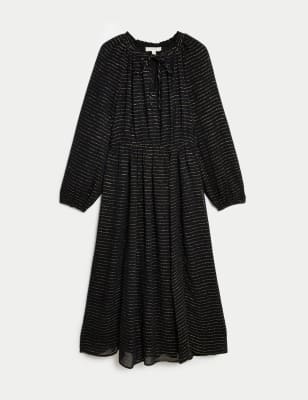 Sparkly Striped Tie Neck Midi Waisted Dress