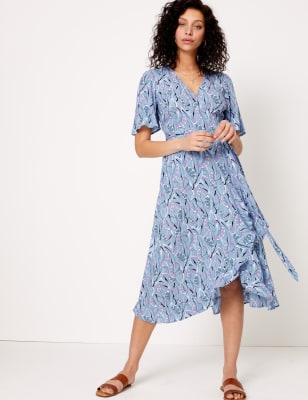 Midi-wikkeljurk van cr&ecirc;pestof met V-hals