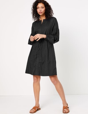 Ruimvallende jurk van puur katoen met blousonmouwen