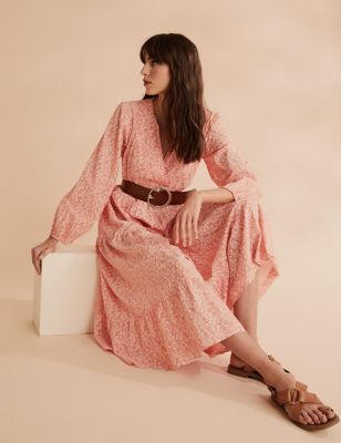 Womens Per Una Robe midi 100 % coton à taille ajustée et petit motif fleuri - Orange Mix
