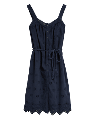 M&S Per Una Womens Cotton Rich Embroidered Midi Dress - 8 - Navy, Navy