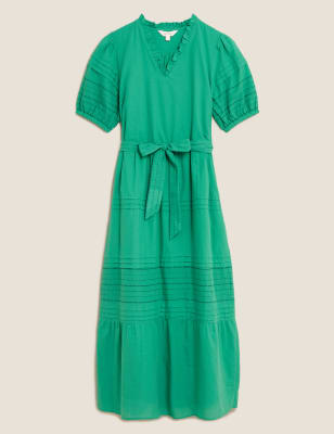 M&S Per Una Womens Pure Cotton Embroidered Midaxi Dress - 8 - Green Mix, Green Mix