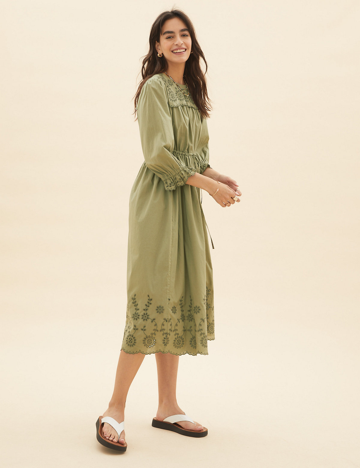 Pure Cotton Embroidered Midi Waisted Dress