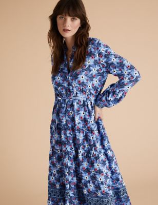 Womens Per Una Robe-chemise midaxi à encolure et motif fleuri - Blue Mix