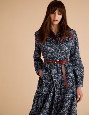 Womens Per Una Robe midaxi style chemise 100 % coton à motif fleuri - Navy Mix