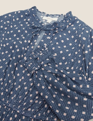 M&S Per Una Womens Spot Print Tie Neck Midaxi Waisted Dress - 6 - Navy Mix, Navy Mix
