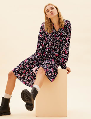 

Womens Per Una Tailiiertes Midi-Kleid mit Blumenmuster und Bindekragen - Black Mix, Black Mix