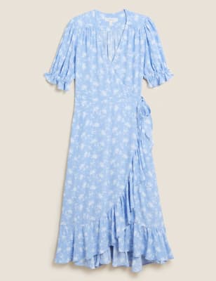 M&S Per Una Womens Ditsy Floral V-Neck Midi Wrap Dress - 8 - Blue Mix, Blue Mix
