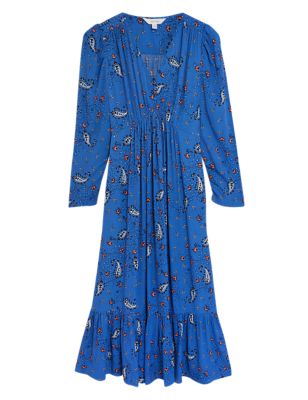Womens Per Una Floral Ruched Midi Dress - Dark Blue Mix