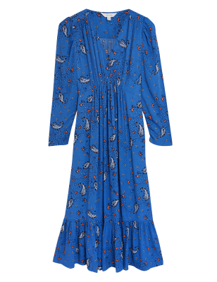 Womens Per Una Floral Ruched Midi Dress - Dark Blue Mix