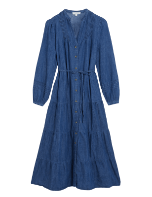 

Womens Per Una Pure Cotton V-Neck Midaxi Shirt Dress - Medium Indigo, Medium Indigo