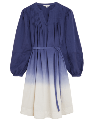

Womens Per Una Gesmoktes Kleid aus reiner Baumwolle mit Batikmuster und Bindegürtel - Navy Mix, Navy Mix