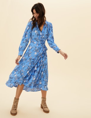 

Womens Per Una Floral V-Neck Belted Midi Wrap Dress - Blue Mix, Blue Mix