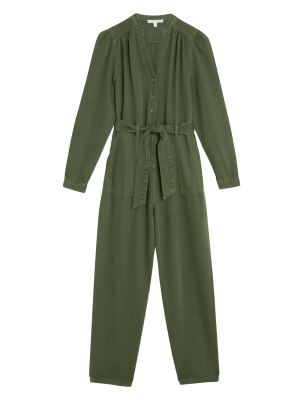 

Womens Per Una Denim-Jumpsuit aus reiner Baumwolle mit Gürtel - Hunter Green, Hunter Green