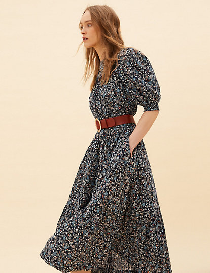 Pure Cotton Floral Midaxi Smock Dress