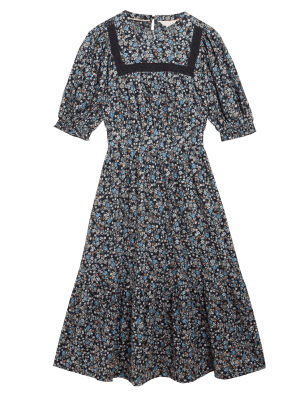 

Womens Per Una Gesmoktes Midaxi-Kleid aus reiner Baumwolle mit Blumenmuster - Black Mix, Black Mix