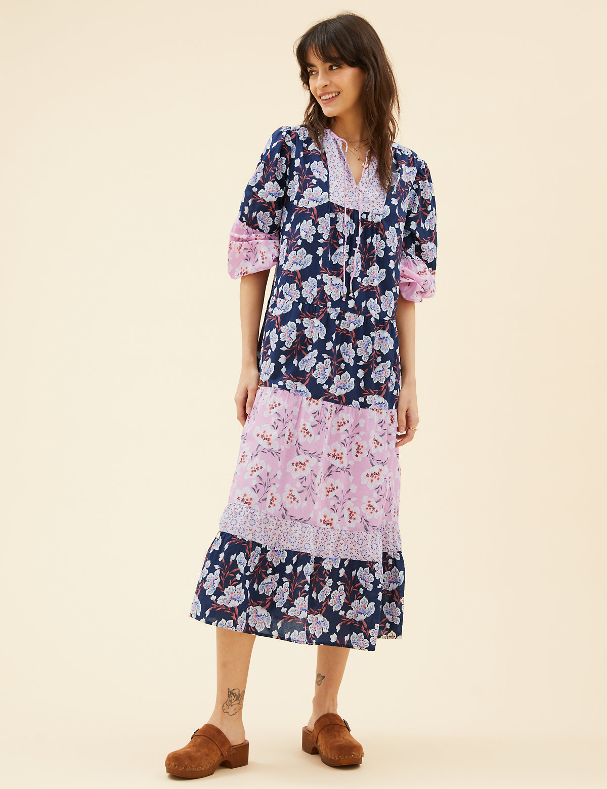Pure Cotton Floral Maxi Tiered Dress