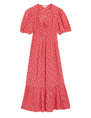 

Womens Per Una Printed V-Neck Puff Sleeve Midi Tea Dress - Red Mix, Red Mix