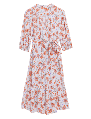 Womens Per Una Floral V-Neck Midi Wrap Dress - Ivory Mix