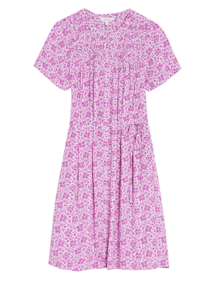

Womens Per Una Knielanges Teekleid mit Rundhalsausschnitt und Blumenmuster - Pink Mix, Pink Mix