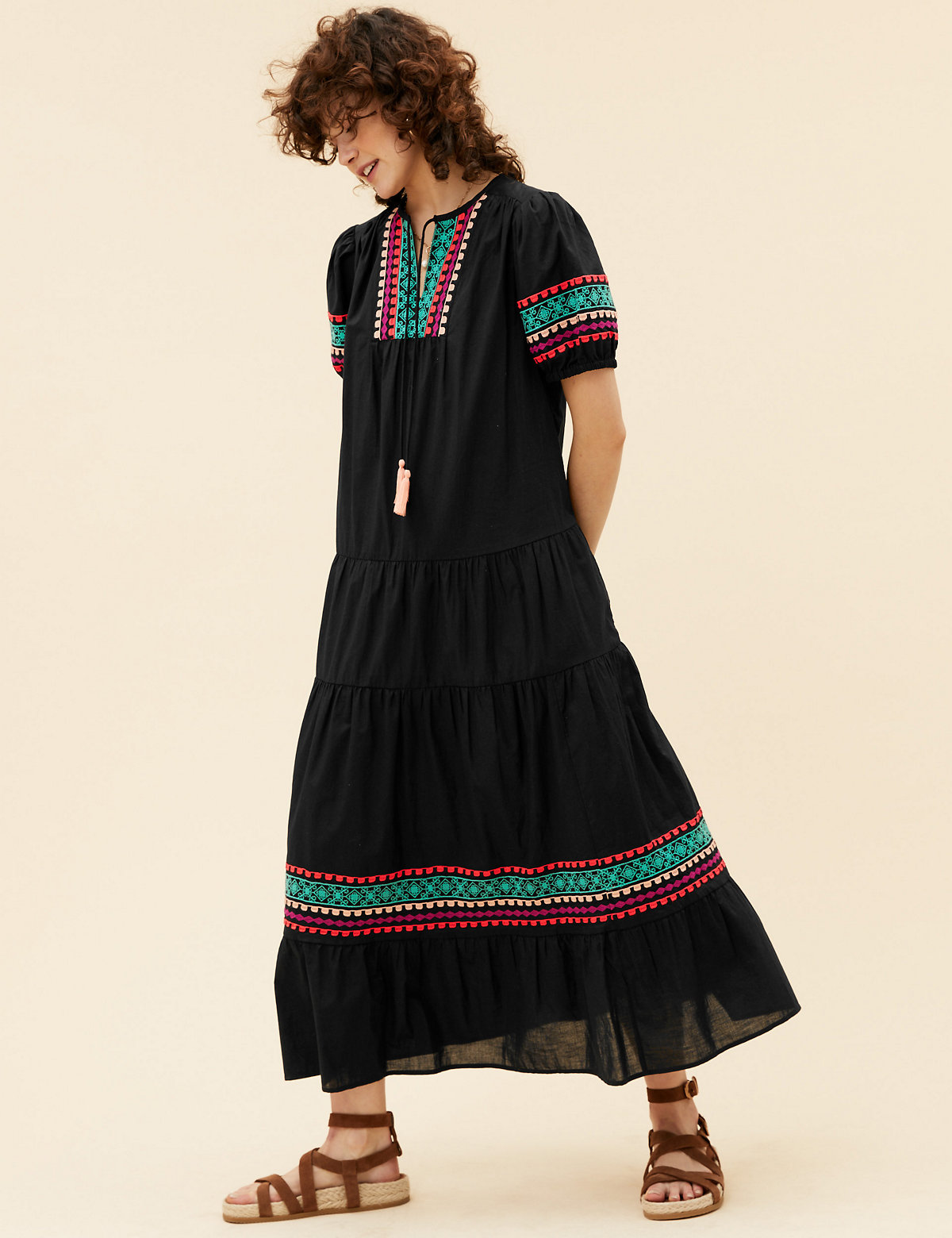 Pure Cotton Embroidered Maxi Smock Dress