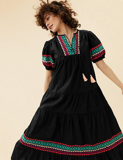 Pure Cotton Embroidered Maxi Smock Dress