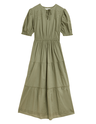 

Womens Per Una Midaxikleid aus reiner Baumwolle mit Bindekragen und Lochstickerei - Faded Khaki, Faded Khaki